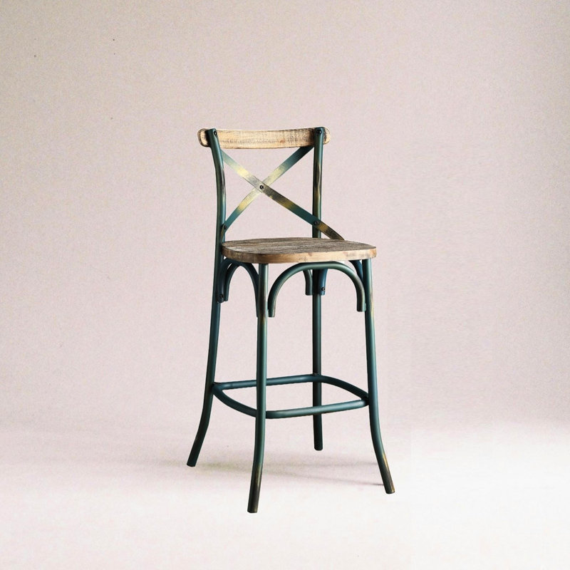 Tabouret de bar rustique de style rétro avec structure en métal, finition turquoise antique et chêne, 220 lb, 1 pièce pour la salle à manger,