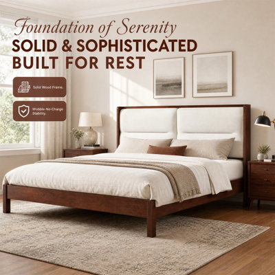 Queen Size Plattform Bed, Bed Frame (No Spring Box Required), with Cream Velvet Upholstered Headboard, Brown Frame, Mid-Century Modern Style