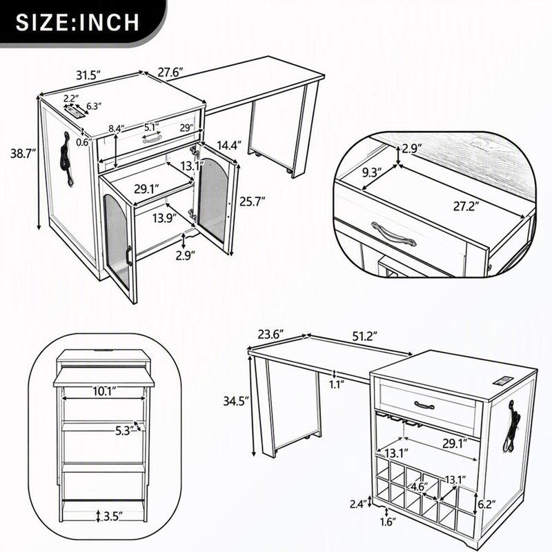 Îlot de cuisine extensible avec roulettes et prise électrique (chaises non comprises), Blanc