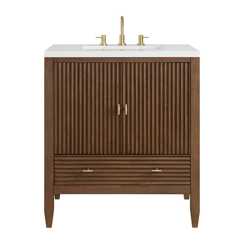 Myrrin 30" W Single Vanity, White Zeus Silestone, Mid-Century Walnut, 8" Widespread