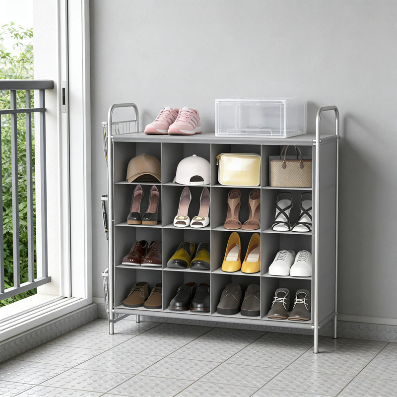 4-Tier 16-Cube Shoe Organizer Rack With Clear Side Pockets, Sturdy Metal Frame And Fabric Cubby Storage For Entryway, Closet, And Bedroom