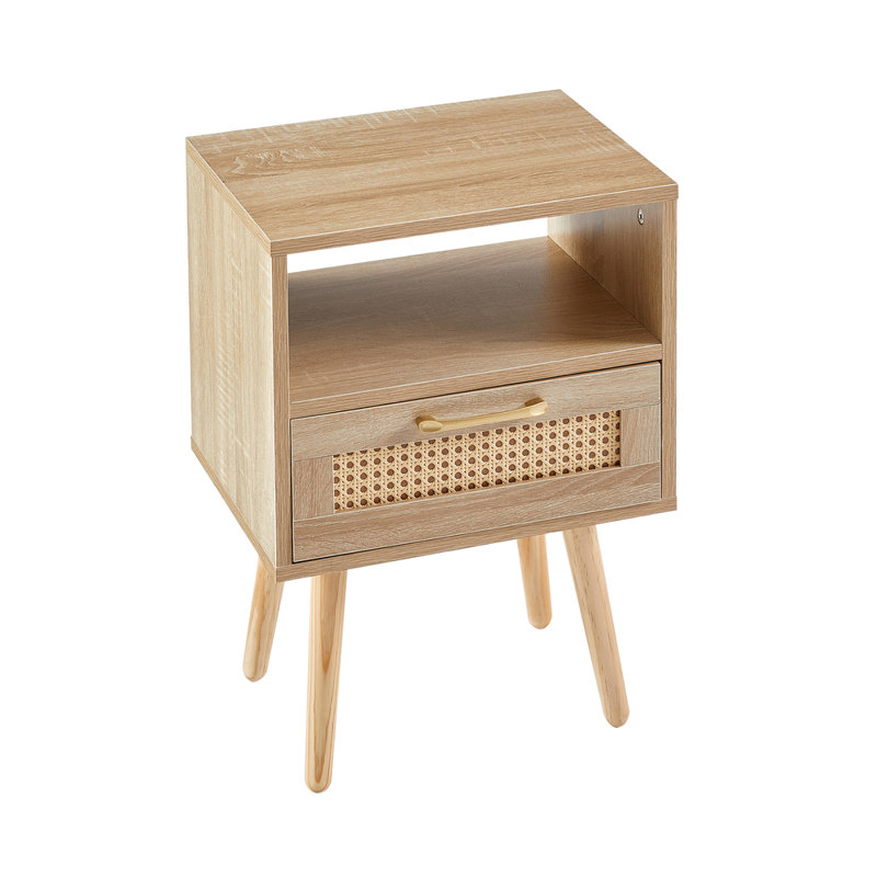 Table de bout en rotin naturel 15,75 po avec tiroir - Pieds en bois massif pour le salon et la chambre à coucher