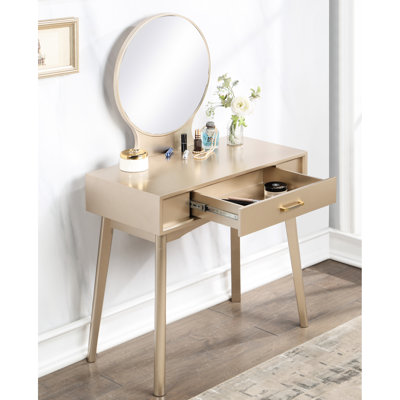 Meuble-lavabo contemporain et siège, or - décor moderne avec tabouret rond en bois d'aspect chic et miroir, tiroir fonctionnel pour la diffusion