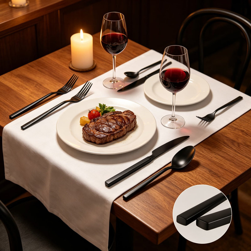 Ensemble de couverts 60 pièces en acier inoxydable, coutellerie forgée à la main 18/10 avec poignée cuboïde noir mat, service pour 12