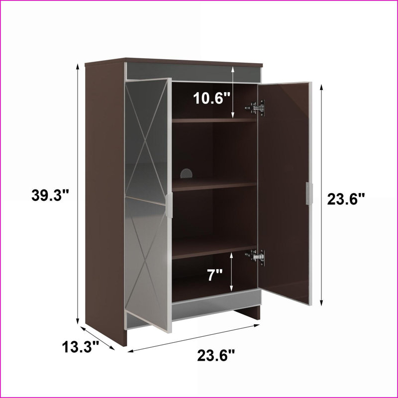Mirrored Cabinets with Double Door Shoe Storage, Walnut Brown Glass, Silver Edging, Entryway Organizer | Contemporary | Glass,MDF