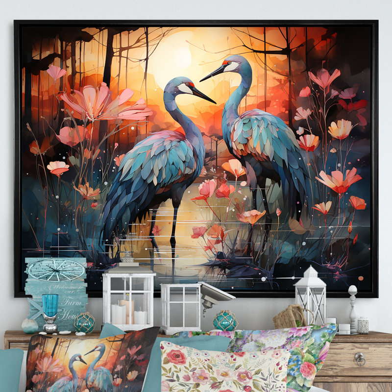 Flamant crépuscule sur toile, H 30 po x l 40 po x P 1,5 po, Cadre flottant noir