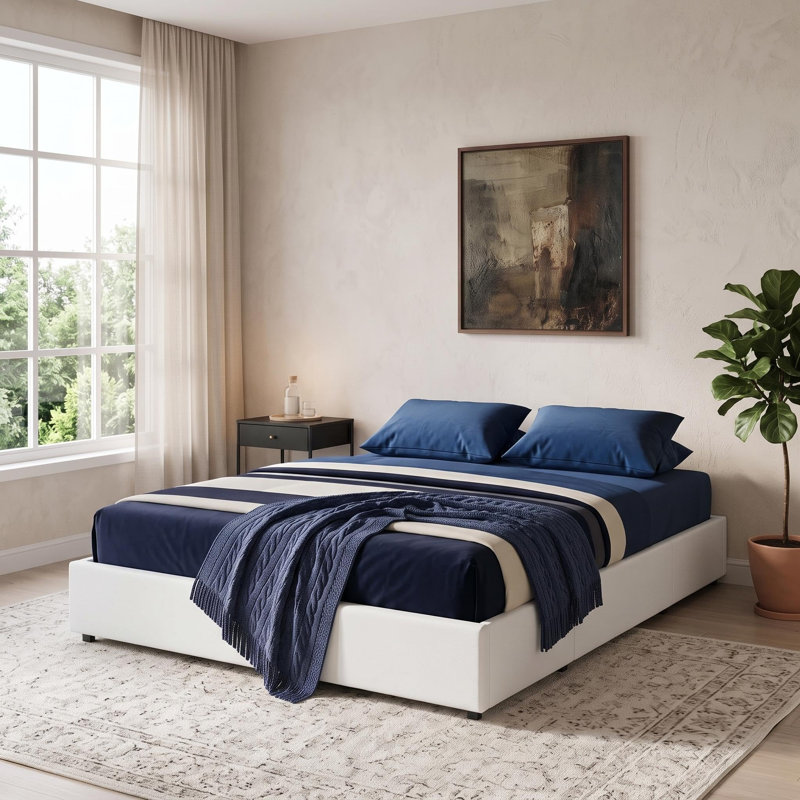 Structure de lit plateforme tapissier avec 3 tiroirs de rangement, support de lattes en bois, aucun sommier requis, profil bas, assemblage facile - double, lin imitation blanc