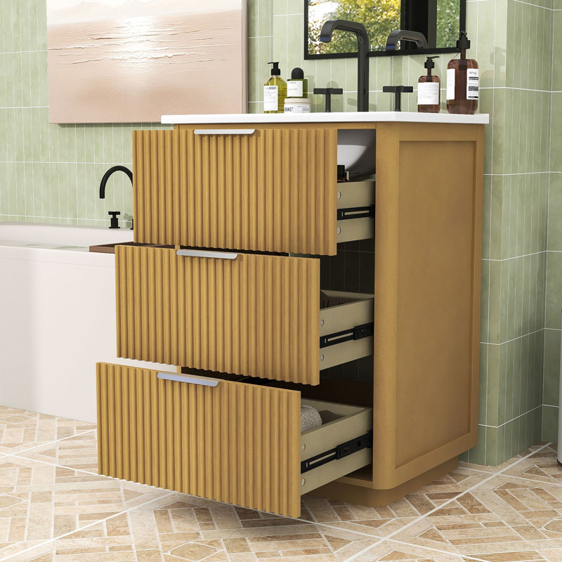Meuble-lavabo autoportant peu encombrant avec lavabo en céramique et tiroirs de rangement pour petits espaces