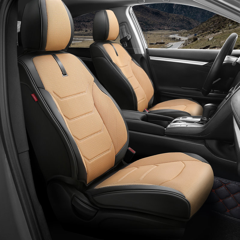 Front Row Seat Covers Universal Waterproof Polyester For Cars Suvs Trucks Airbag Compatibility​​, Black/Beige