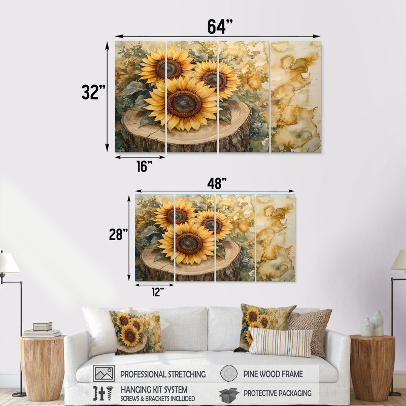 Duriel - art mural tournesols - ensemble d'art mural traditionnel 4 pièces, H 28 po x l 48 po