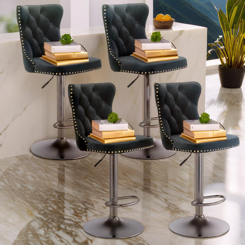 Tabourets de bar modernes et rembourrés en velours pivotant noir (ensemble de 4), Noir, noir, noir, noir, 4