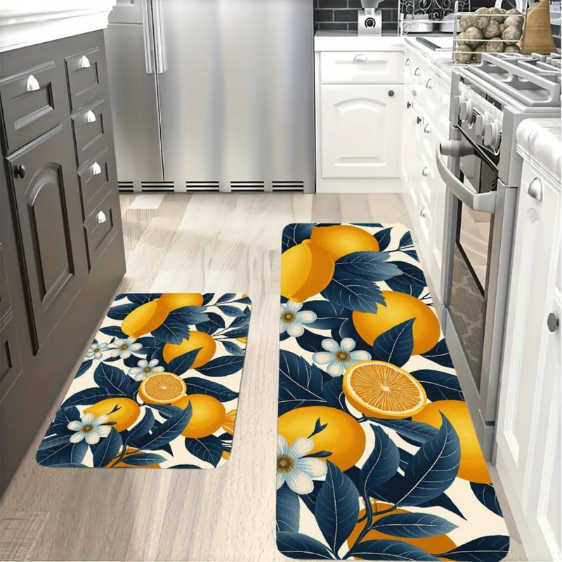 Tapis de cuisine à imprimé citron bleu marine, paquet de 2 pour décor de cuisine et de salle à manger