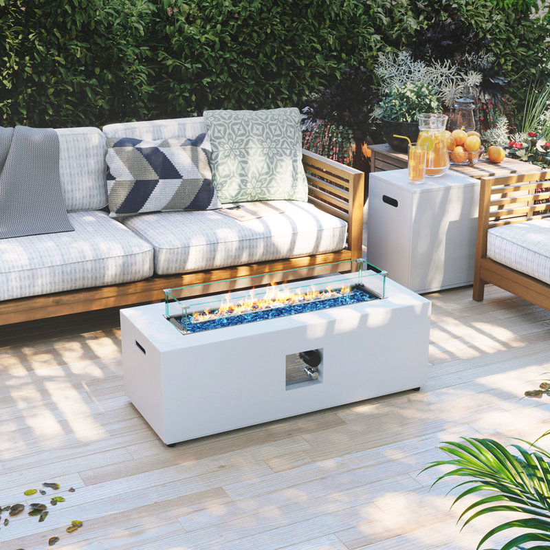 Table de foyer d'extérieur au propane rectangulaire en fer avec couvercle de réservoir et pare-vent 42 po, Blanc