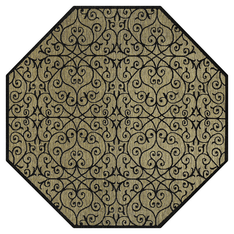 Haggerty Vintage Filigree Textured Weave Black/Khaki Indoor/Outdoor Rug, Octagon 7'9"