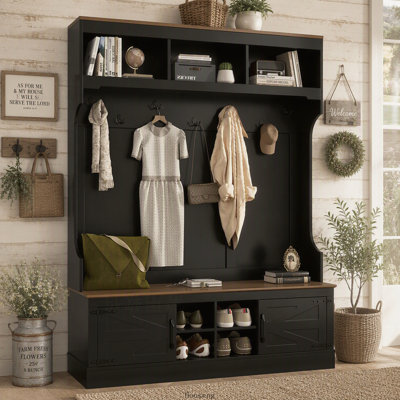71 Inch Farmhouse Hall Tree with Bench, Shoe Storage, 4 Shoe Cubbies and 7 Hooks