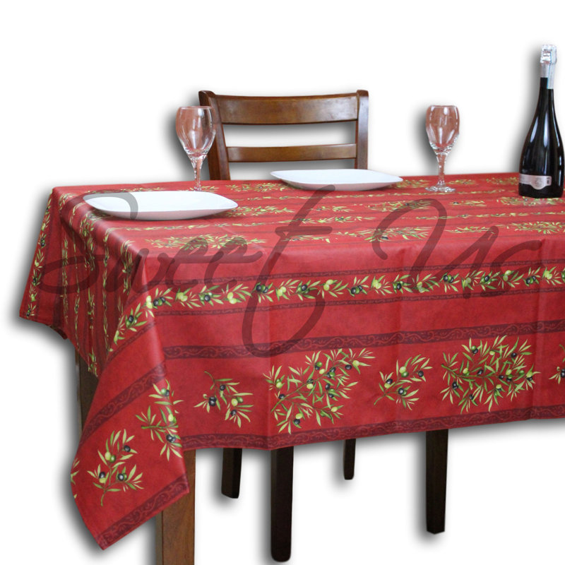 Wipeable Stain Resistant Acrylic Coated French Provencal Cotton Olive Floral Tablecloth, 116" x 60", Crimson Red