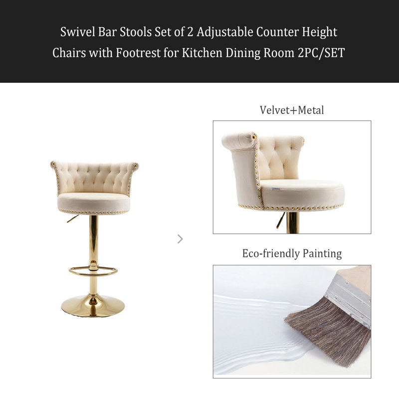 Swivel Bar Stools Set Of 2 Adjustable Counter Height Chairs With Footrest For Kitchen, Dining Room 2PC/SET, Beige
