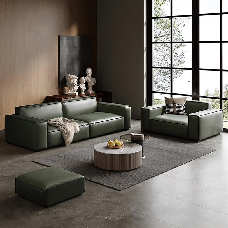 Ensemble de salon 3 pièces en cuir véritable vert