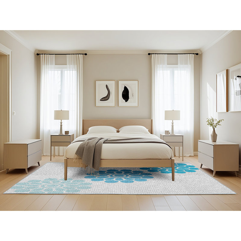 Tapis bleu à motif floral Kyal, Rectangle 5 pi x 8 pi