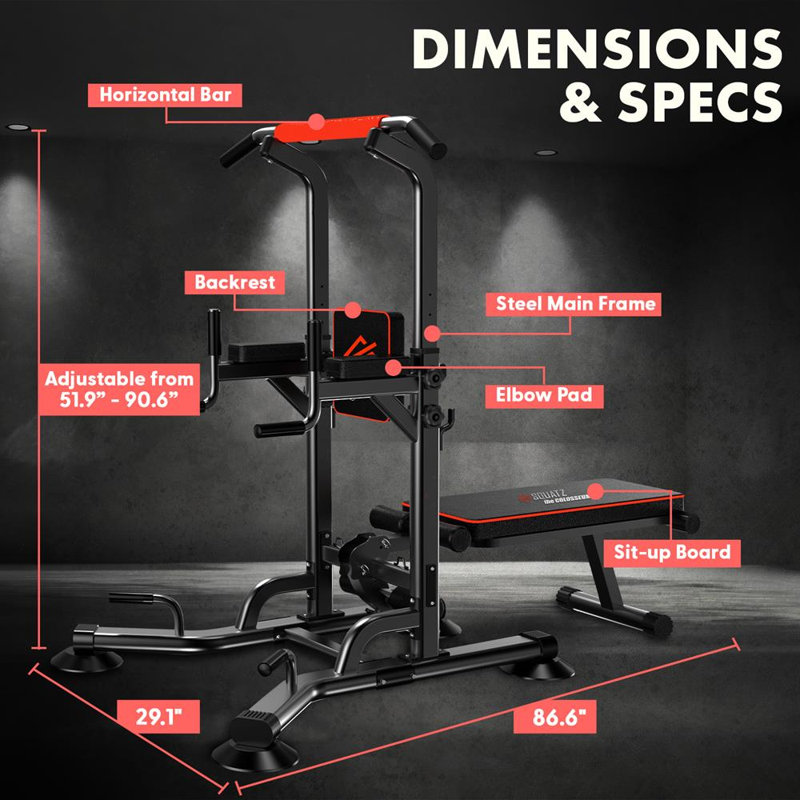 SQUATZ Dip Station Pull-Up - Votre tour de puissance tout-en-un et support de barre de traction avec banc escamotable pour l'exercice à la maison et la presse à banc