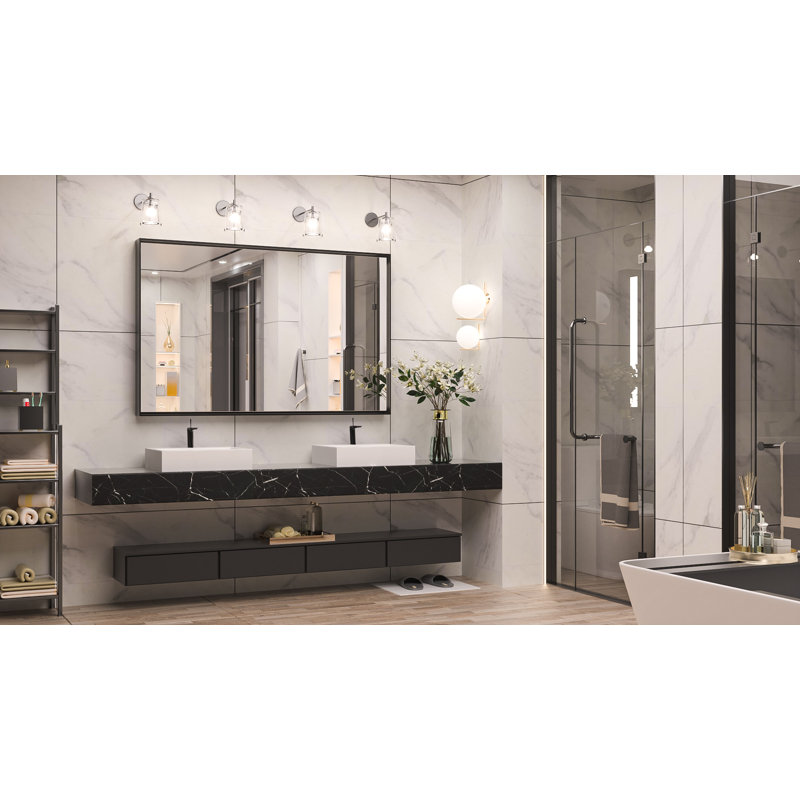 Miroir de salle de bain rectangulaire avec cadre en aluminium et verre trempé, Noir, 48 po x 30 po