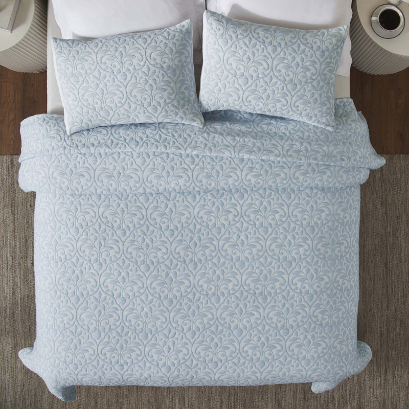 Vineyard Cotton Blend Medium Weight Matelasse Weave Floral Scroll Coverlet, King Coverlet + 2 King Shams, Sky Blue