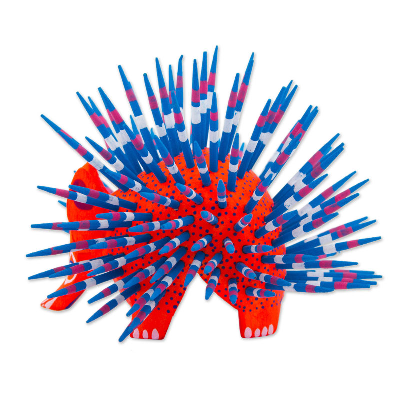 Adorable sculpture en bois de copal de Porcupine Alebrije, Rouge / Bleu