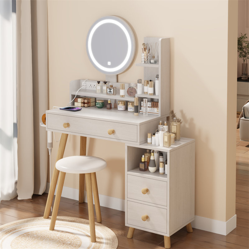 Table de chevet ronde avec miroir et tabouret rembourré