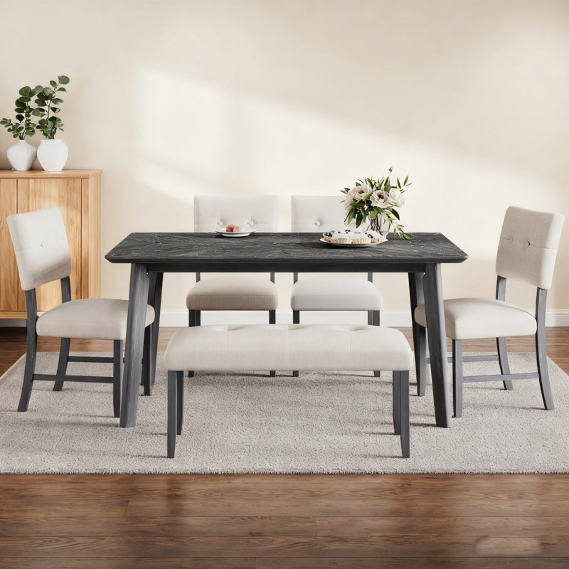 Dining Table Set For 6 With Bench And 4 Upholstered Chairs Solid Wood Rectangular Farmhouse Kitchen Table, Gray, White/Gray