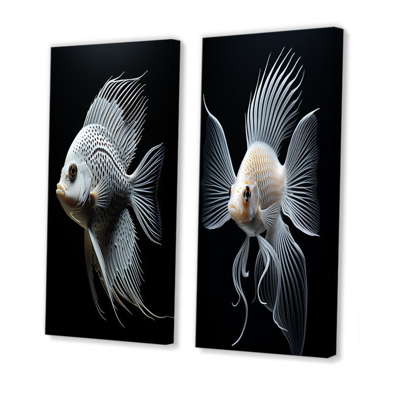 «Oceanic Minimalist» noir et blanc, poisson papillon I - ensemble de 2 impressions sur toile, Toile tendue, H 28 po x l 25 po