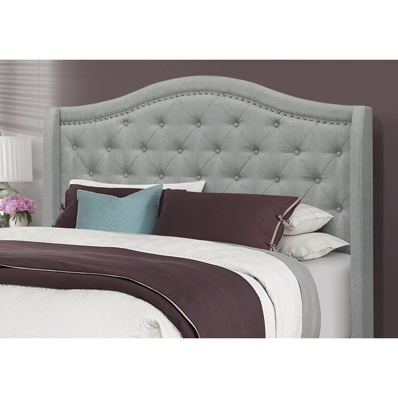 Bed, Queen Size, Bedroom, Upholstered, Grey Linen Look, Chrome Trim, Traditional   