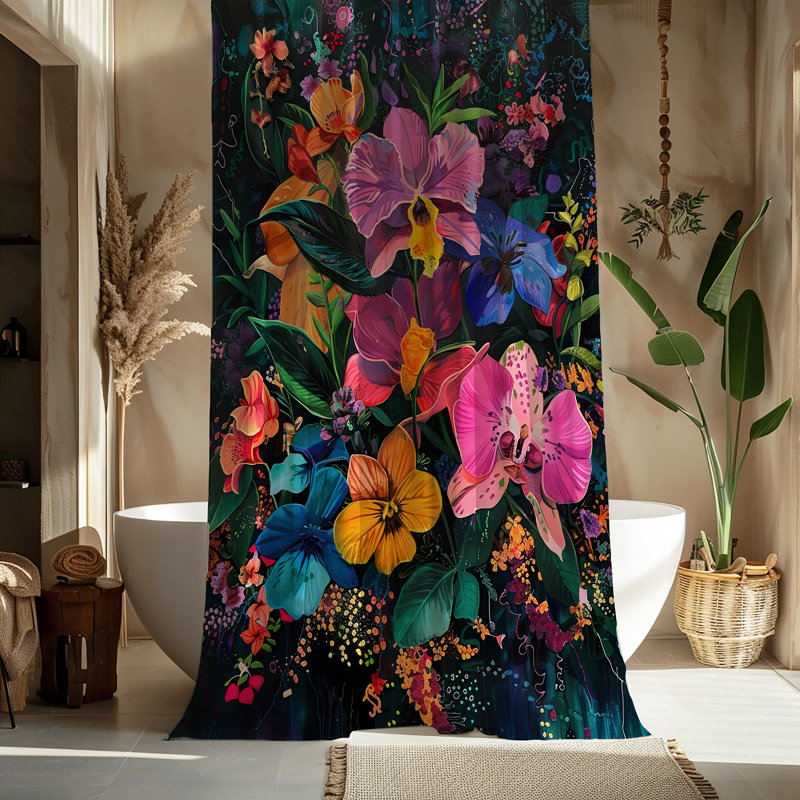 Rideau de douche Flora Nocturne Maximalist, Motif floral noir, H 90 po x l 71 po