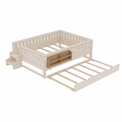 Double avec bibliothèque intégrée avec tablettes de rangement et petit escalier, rails de sécurité de haute qualité et gigogne, beige