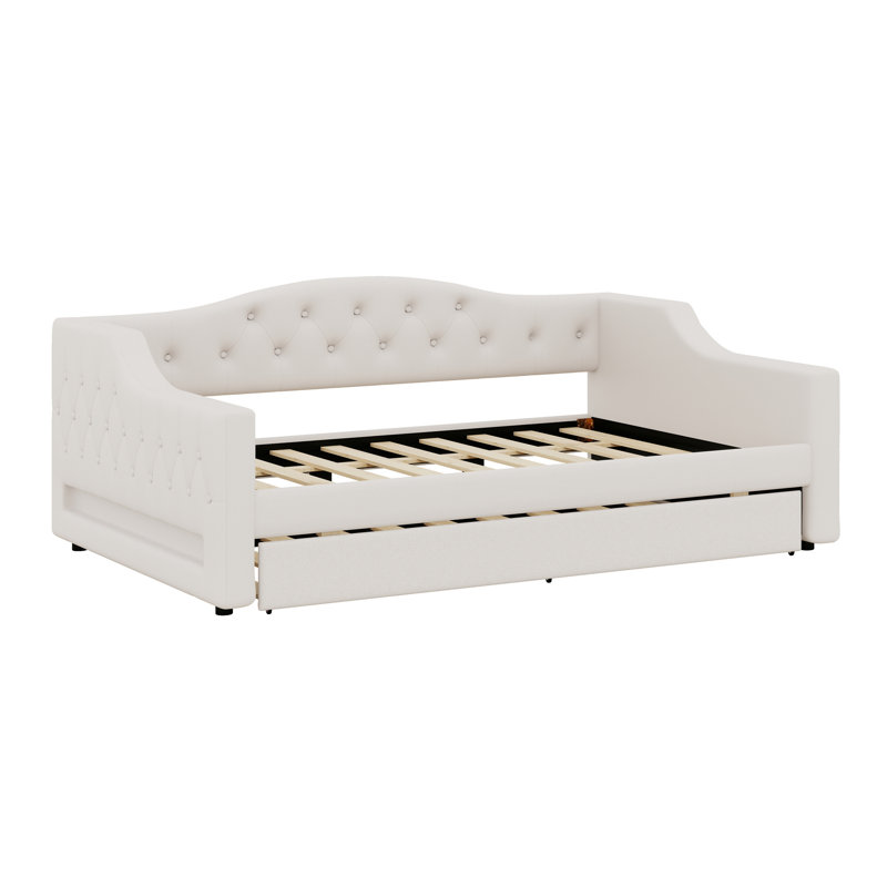 Upholstered Daybed With LED Belt And Trundle, Beige