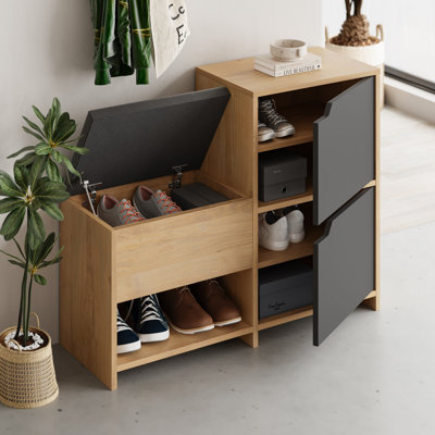 Armoire à chaussures moderne avec charnières à fermeture en douceur, anthracite et chêne, 39,8 x 31,7 x 14,0 pouces | 100% panneau de particules enduit de mélamine, hauteur des pieds 5,9 pouces | Fixation murale, conception élégante et fonctionnelle, capacité de poids de 176 lb