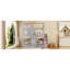 Lit superposé double au dessus d'un lit double avec escalier de rangement et tablettes, structure de lit superposé en bois pour enfants avec maisonnette, toit et porte, marches de rangement et tablettes ouvertes, gris et rose-1328343692