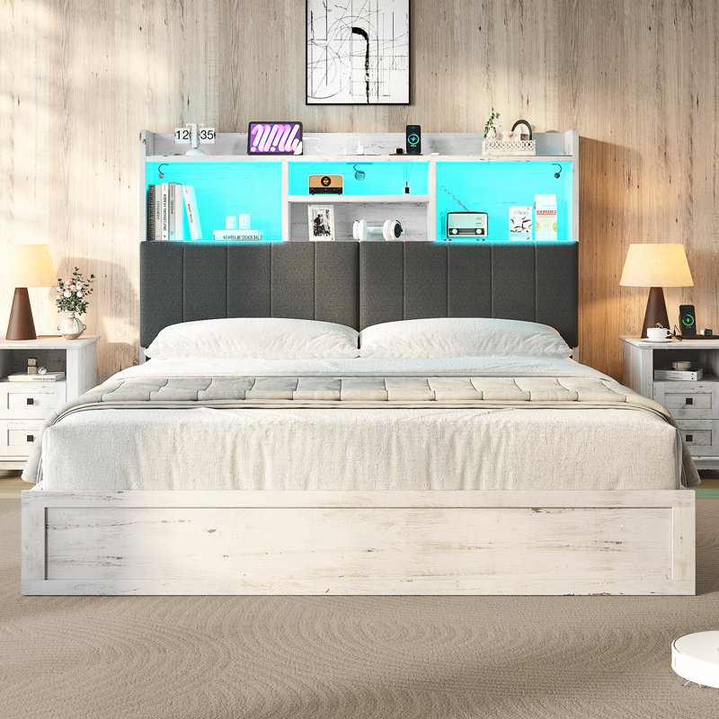  Farmhouse King Bed Frame With LED Storage Bookcase Headboard & Charging Station, Distressed White, Distressed White, King