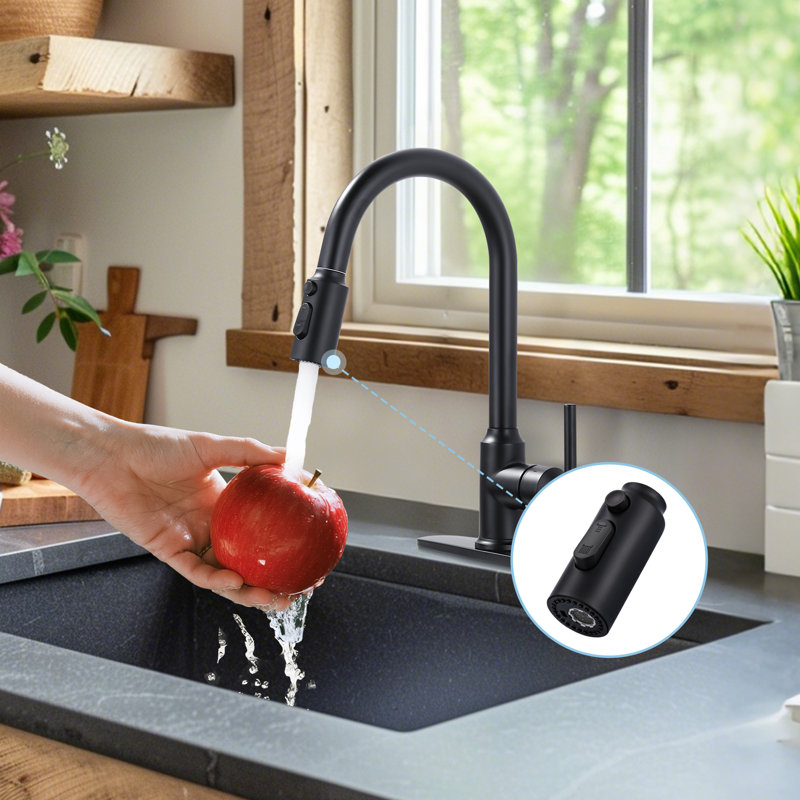 Robinet de cuisine rétractable à 3 fonctions avec douchette et adaptateurs en noir mat