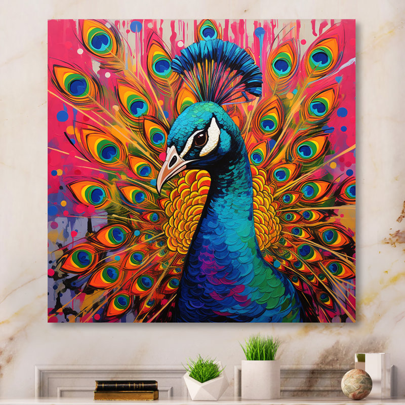 Bleu sarcelle, Pop Art, paon - animaux, art mural en métal, salon, H 16 po x l 16 po x P 1 po