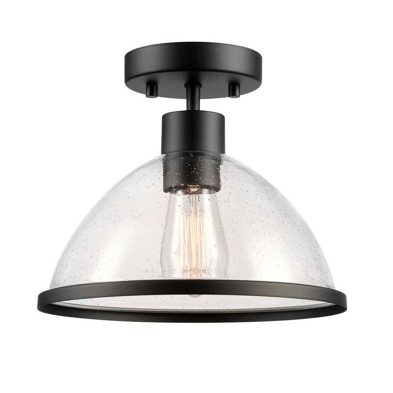 1-Light Outdoor Flush Mount Ceiling Light, Matte Black, Seeded Glass Shade, Weather Resistant