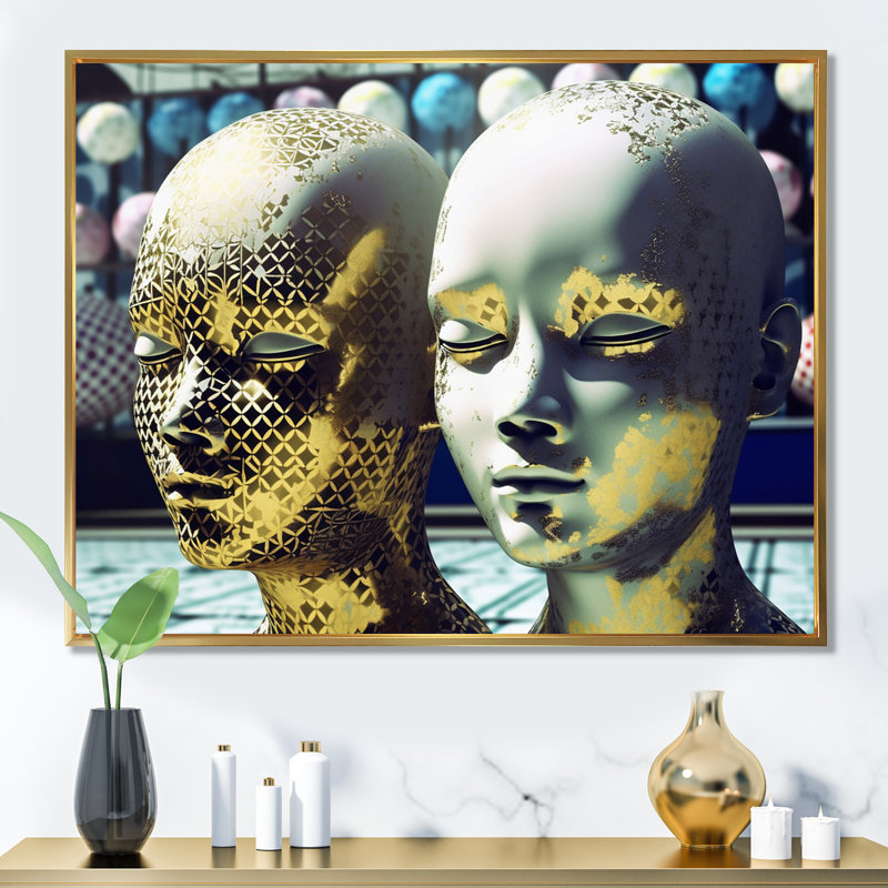 «Minimalisme Golden Sculpture Sci-Fi Woman» sur toile imprimée, H 30 po x l 40 po x P 1,5 po, Cadre flottant doré