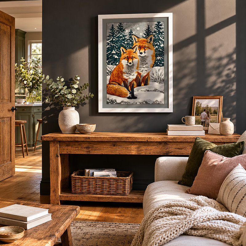 Foxes in Winter Boho - Framed Print, A3 - 42.0 x 29.7 cm, White