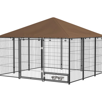 Garden Dog Kennel, 6.9' X 5' With Canopy. Coffee. Metal Frame, Weather- Cloth Roof For Pet Happiness Outside 6.9'X6.9'X5', Spacious Puppy Play Area Canopy, Playpen Fence Enclosure Cage, Build, Coffee