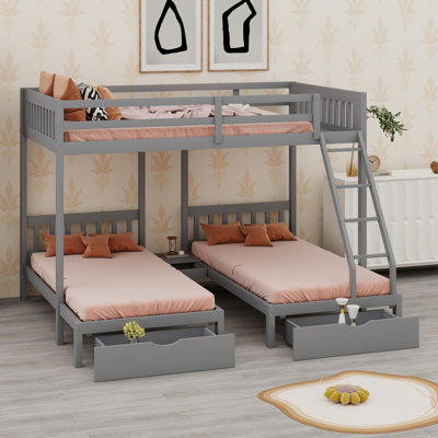 Triple Bunk Bed with Drawers and Guardrails, Space-Saving for Three Sleepers