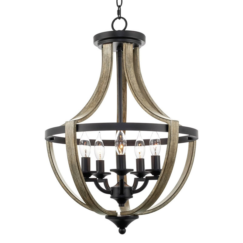 Lustre de vestibule rustique moderne de 25 po à 5 lumières, structure en métal de style bois de chêne récupéré et noir