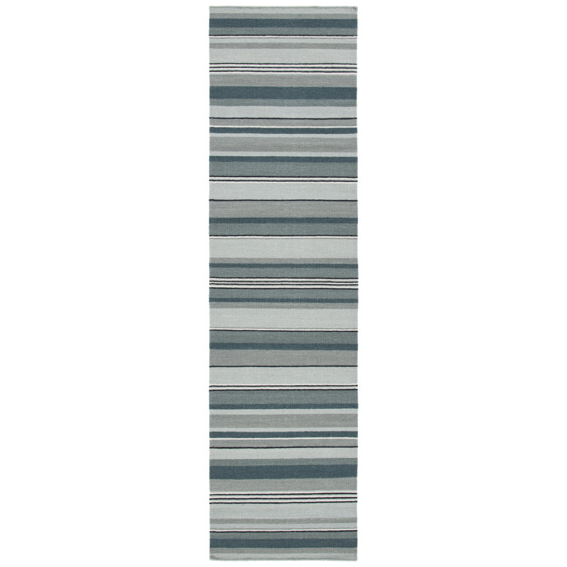 Bedolla Hand Loomed Wool/Cotton Striped Rug in Gray/Sea Green, Runner 2'3" x 9'