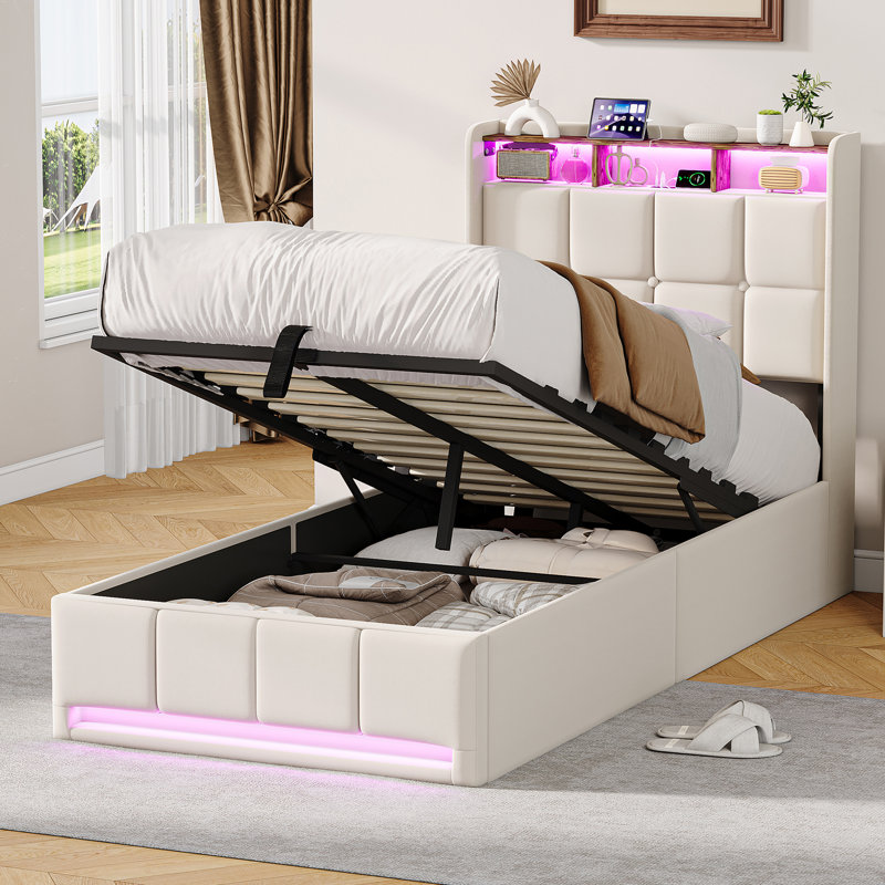 Upholstered Ottoman Storage Bed, European Single (90 x 200 cm), Beige