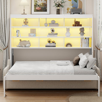 Murphy Cabinet Bed With Folding Sofa,Built-In Storage Shelves And LED Light