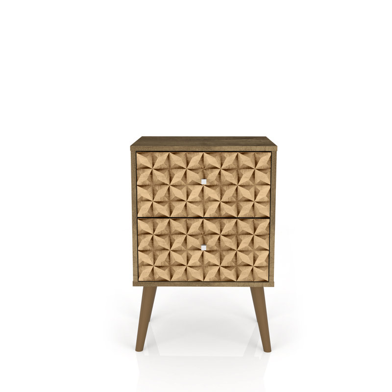 Table de chevet moderne Mid-Century à 2 tiroirs Liberty brun rustique et naturel, Brun rustique / imprimé 3D brun