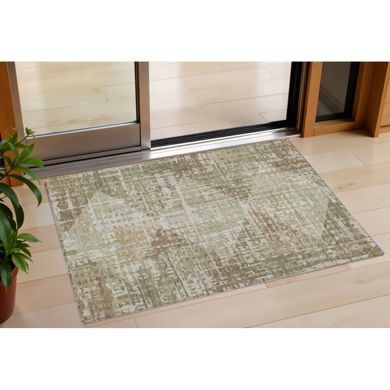 Tapis extérieur lavable à motif géométrique vert et beige 3 pi x 5 pi